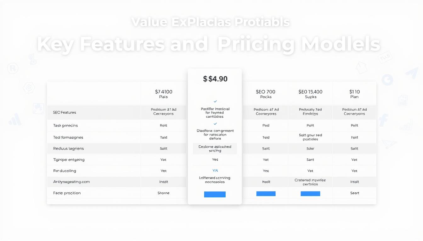 A sleek, professional-looking table showcasing the pricing plans of various SEO tools. The table is set against a minimalist background, with clean lines and a neutral color palette. The foreground features the tool names, their respective plans, and the corresponding pricing information, all presented in a clear and organized manner. The middle ground showcases the key features of each plan, emphasizing the value proposition. The background subtly incorporates relevant SEO-related iconography, such as search engine logos or analytics graphs, to reinforce the theme. The overall mood is one of clarity, simplicity, and practicality, reflecting the informative nature of the "Key Features and Pricing Models Explained" section. Prompt