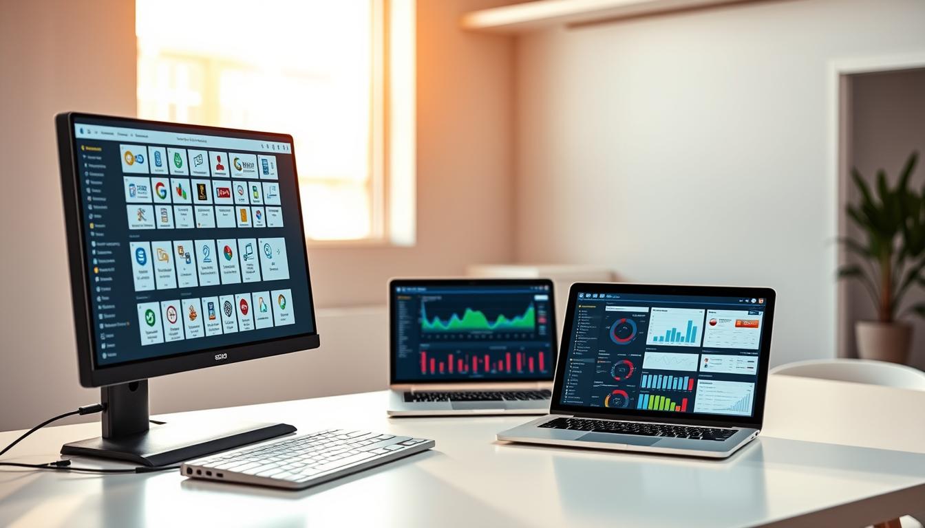 A sleek, professional-looking workstation showcasing an array of SEO tools. In the foreground, a high-resolution display showcases a comprehensive suite of SEO software, including keyword research, link analysis, and content optimization tools. The middle ground features a laptop and a tablet, both displaying real-time analytics and data visualizations. In the background, a minimalist office environment with clean lines and neutral tones provides a sense of focus and productivity. Warm, directional lighting from a large window casts a subtle glow, creating a warm and inviting atmosphere. The entire scene conveys the power and versatility of modern SEO tools, ready to tackle any digital marketing challenge.