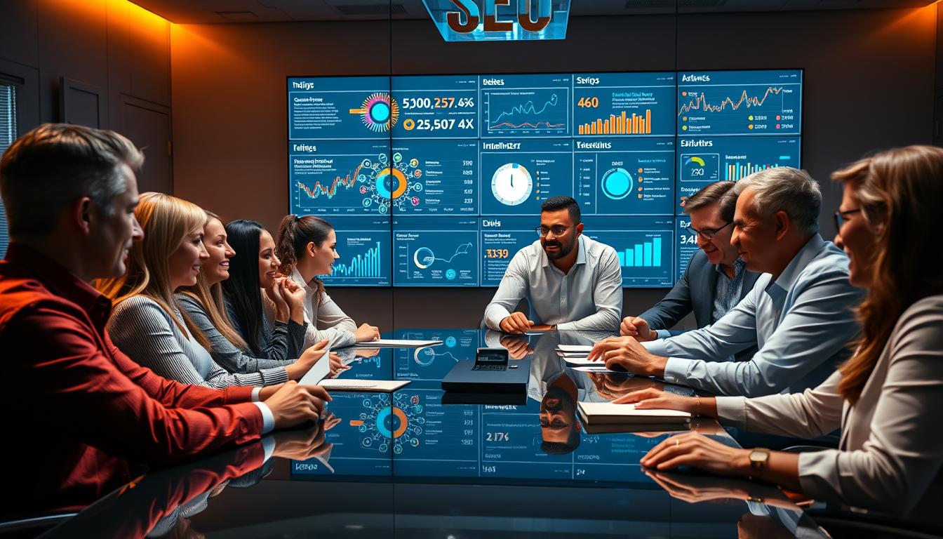 A sophisticated group of SEO professionals gathered around a sleek, modern conference table, deep in discussion. The room is bathed in warm, directional lighting, creating a sense of focus and productivity. The participants' faces are animated, their expressions reflecting their engagement with the advanced SEO tools and strategies they are exploring. In the background, a large, high-resolution display showcases intricate data visualizations and analytical dashboards, providing a glimpse into the powerful insights these tools can uncover. The overall scene conveys an atmosphere of collaborative innovation, where cutting-edge technology meets seasoned expertise to drive impactful SEO campaigns.