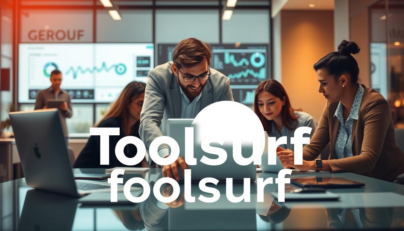 A sophisticated, high-quality image showcasing the advanced SEO tools offered by Toolsurf. Capture a dynamic, professional scene with a group of diverse business people collaborating over a sleek, modern workspace. Highlight the state-of-the-art software interfaces and intuitive dashboards, conveying the seamless user experience. Employ warm, directional lighting to create a sense of productivity and innovation. Compose the image with a balanced, symmetrical layout, placing the Toolsurf branding prominently in the foreground. Subtle depth of field and cinematic camera angles will heighten the premium, aspirational atmosphere. The overall impression should be one of efficiency, power, and the transformative potential of Toolsurf's comprehensive SEO toolkit. "group buy seo tools"
