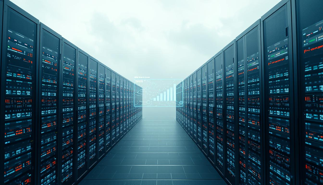 A sprawling cloud-based platform, its data centers reaching skyward like futuristic spires. Gleaming servers hum in the foreground, their LED lights pulsing in sync. In the middle ground, holographic interfaces dance across the screens, visualizing complex analytics and real-time metrics. The background fades into a hazy, ethereal landscape, suggesting the boundless potential of this digital realm. Crisp, high-contrast lighting emphasizes the clean, minimalist aesthetic, exuding a sense of efficiency and innovation. Wide-angle lens captures the scale and scope of this state-of-the-art cloud infrastructure, a testament to the power of a cloud-based platform.