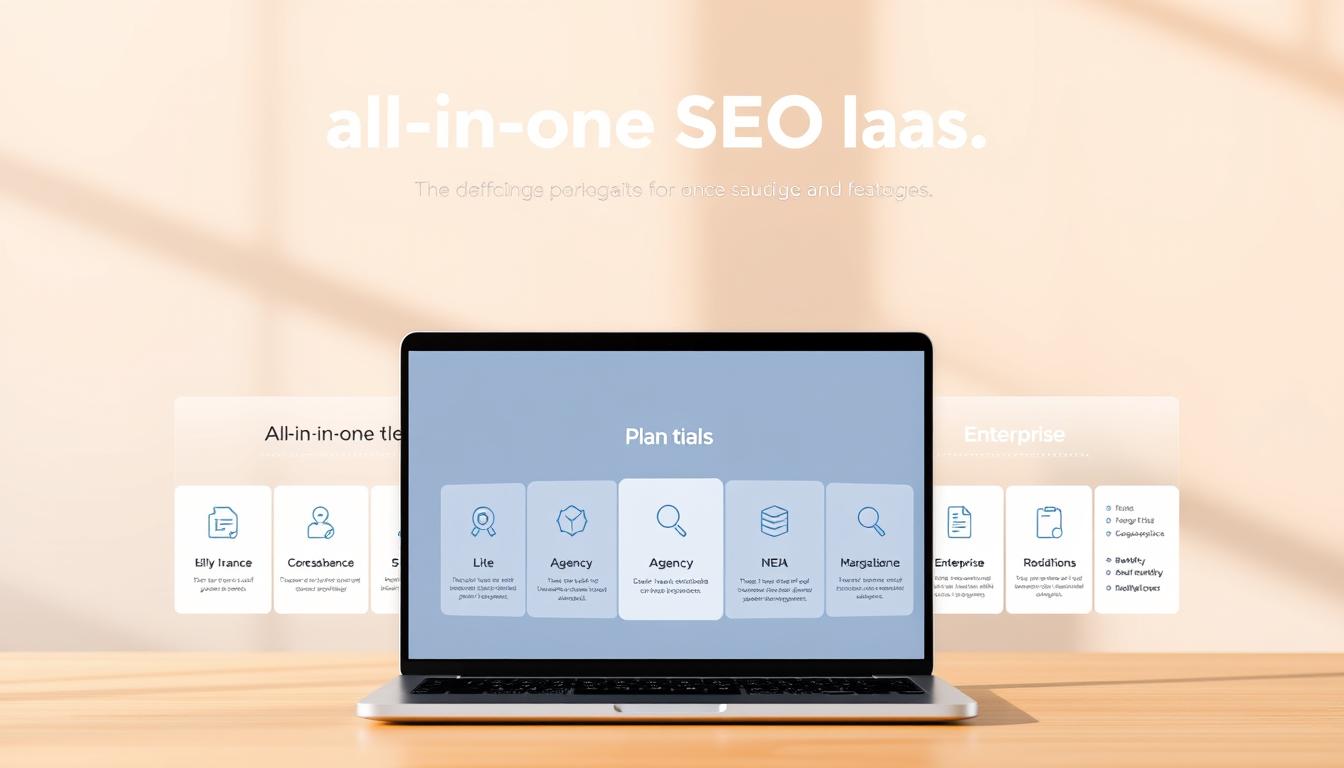 A stylish collage showcasing an array of all-in-one SEO tool packages. In the foreground, a sleek laptop displays the various plan tiers - Lite, Agency, and Enterprise. The middle ground features minimalist icons and infographic elements highlighting the key features of each plan. The background is a soft, blurred gradient in calming shades, conveying a sense of professionalism and sophistication. Warm, directional lighting casts subtle shadows, adding depth and dimension to the composition. The overall aesthetic is clean, modern, and visually appealing, reflecting the comprehensive nature of the all-in-one SEO solutions. "all-in-one plans"