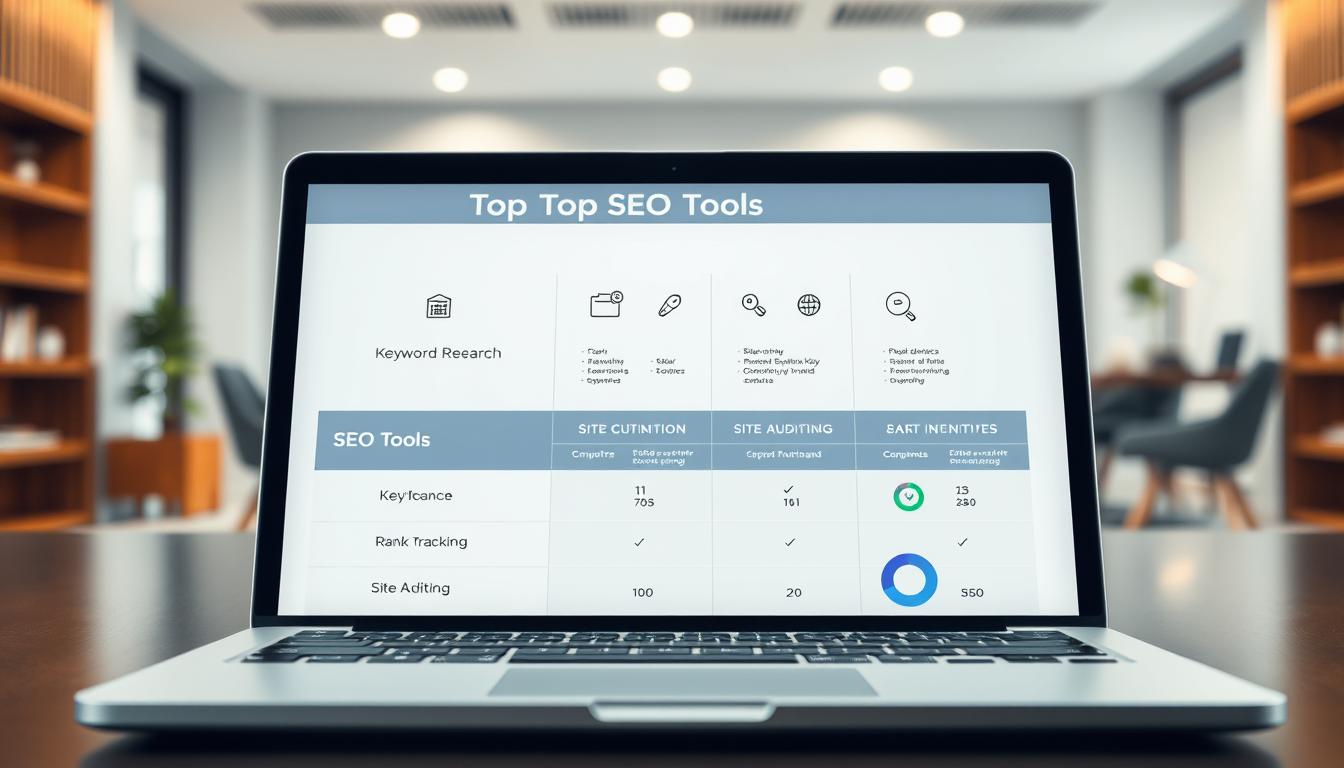 A stylish, minimalist comparison chart showcasing the top SEO tools on a sleek laptop display. The foreground features clean, intuitive icons and labels for key features like keyword research, rank tracking, and site auditing. The middle ground includes neatly organized data visualizations highlighting tool capabilities and pricing. The background depicts a softly-lit, modern office setting with wooden accents, providing a professional, elegant ambiance. Crisp lighting and a high-resolution lens capture the scene in vivid detail, emphasizing the tools' user-friendly and comprehensive nature. The overall tone is one of informed, data-driven decision making for startups seeking to optimize their SEO stack. Top seo tools comparison