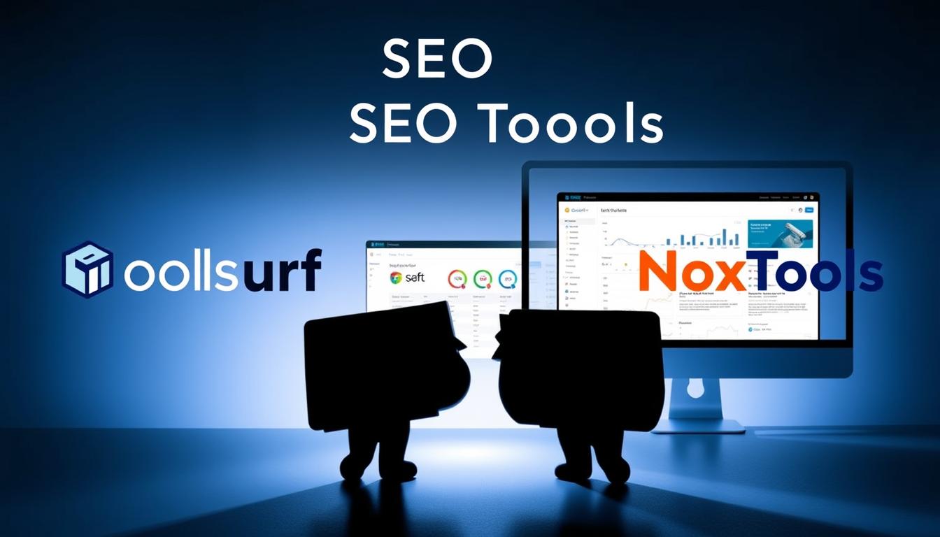A stylish, modern comparison of two leading SEO tools, Toolsurf and NoxTools, against a sleek, minimalist backdrop. The foreground features the silhouettes of the two tools, their distinct designs highlighted by dramatic lighting and shadows. The middle ground showcases a clean, data-driven interface, showcasing key features and metrics in a visually appealing way. The background subtly blends shades of blue and gray, creating a professional, tech-savvy atmosphere. The overall composition conveys a sense of sophistication, clarity, and the tools' competitive edge in the SEO software market.