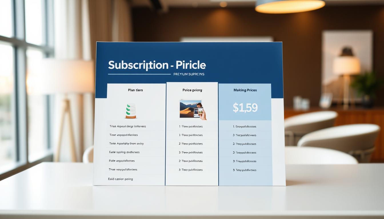 A stylish subscription pricing table showcased on a sleek, minimalist desk. In the foreground, a crisp, modern design with clear delineation of plan tiers, features, and pricing. The middle ground features subtle product shots or icons highlighting key functionalities. The background has a softly blurred, yet elegant office setting with warm lighting and a neutral color palette, creating a professional and trustworthy atmosphere. The overall composition conveys a sense of clarity, value, and sophistication befitting a premium SaaS product. Subscription Pricing Options