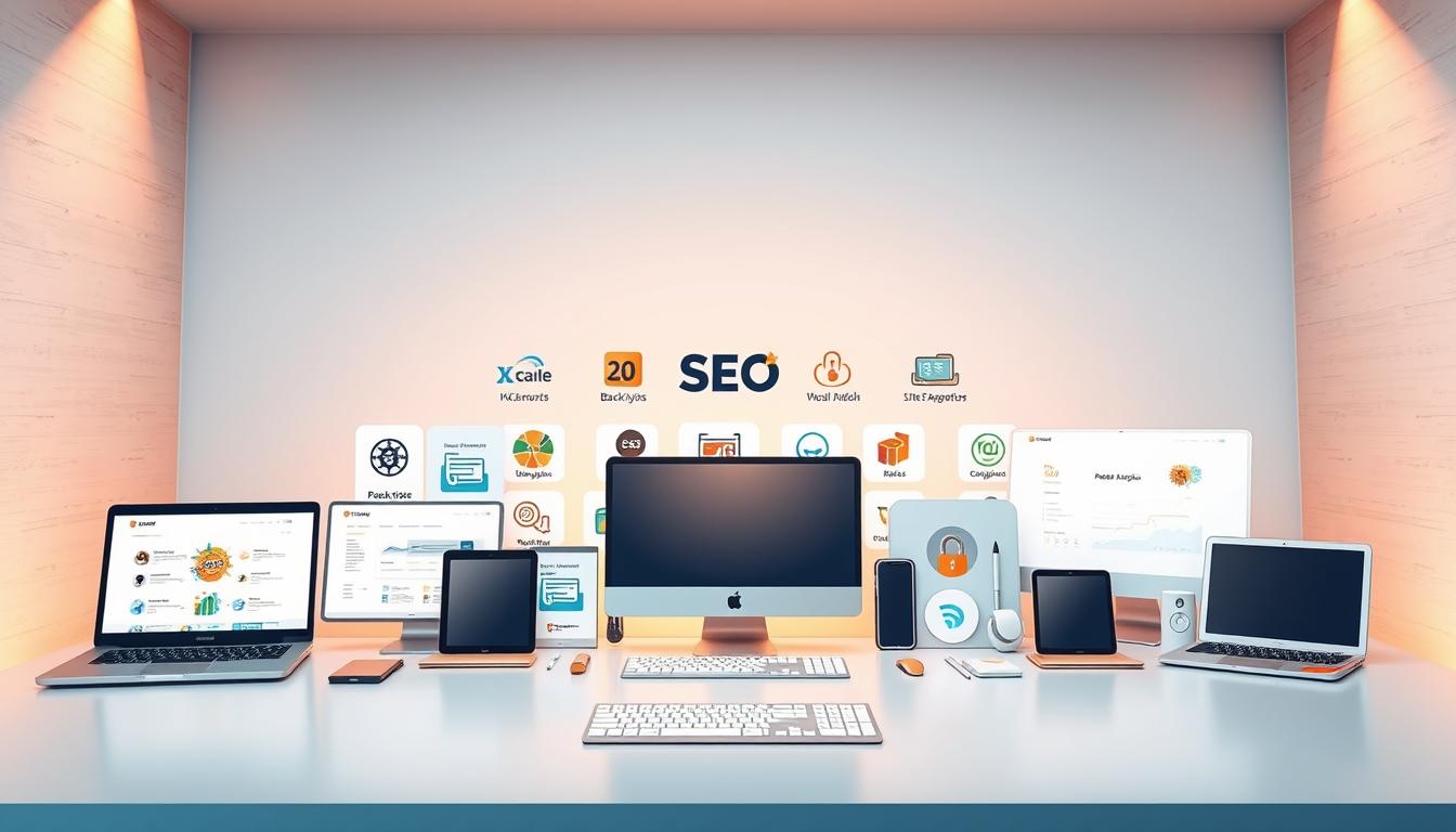 A stylized arrangement of premium SEO tools and software displayed on a sleek, modern desktop. In the foreground, an assortment of high-quality digital devices and accessories - laptops, tablets, smartphones, and digital analytics tools - arranged neatly. The middle ground features various SEO software icons, logos, and visual representations of key features like keyword research, backlink analysis, and site optimization. The background is a minimalist, clean-lined environment with subtle textures and gradients, conveying a sense of professionalism and technological sophistication. Warm, directional lighting casts a subtle glow, highlighting the premium nature of the tools. The overall composition suggests a curated, high-value collection of essential SEO resources for digital marketers and entrepreneurs. "premium seo tools group buy"