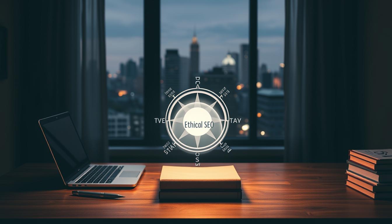A tranquil, dimly-lit room with a wooden desk showcasing a laptop, a pen, and a stack of books. In the foreground, a glowing orb hovers, representing the guiding principles of ethical SEO. The middle ground features a stylized compass, its needles pointing towards values like transparency, user-centricity, and sustainable growth. In the background, a cityscape with skyscrapers and a night sky, symbolizing the broader digital landscape where these principles must be upheld. Soft, warm lighting casts a contemplative atmosphere, inviting the viewer to reflect on the importance of ethical practices in the SEO industry.