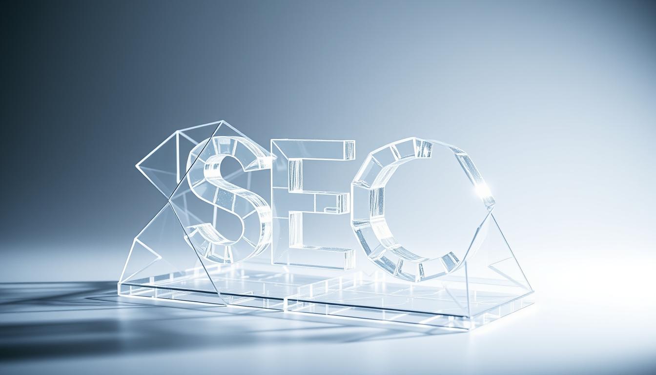A transparent, crystalline structure representing SEO practices, illuminated by soft, diffused lighting that creates a sense of openness and clarity. The framework is composed of intricate, interlocking geometric shapes that symbolize the complex, interconnected nature of search engine optimization. The overall composition conveys a balance between order and transparency, hinting at the need for ethical and accountable SEO strategies. The scene is captured from a slightly elevated, three-quarter angle, allowing the viewer to appreciate the depth and nuance of the design.