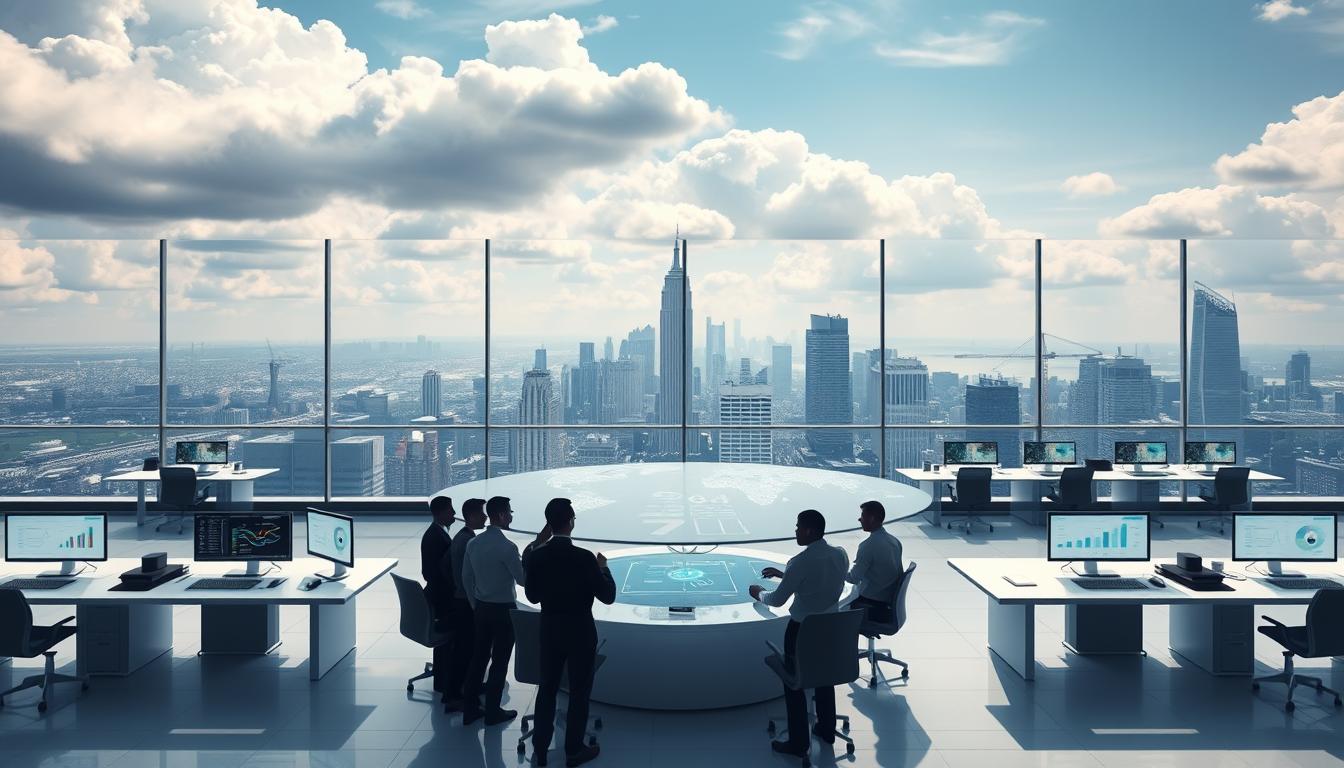 A vast, cloud-filled sky hovers above a sleek, modern office setting. In the foreground, a group of stylized, faceless individuals collaborate around a curved, glass-topped table, their attention focused on floating, holographic displays showcasing a range of cloud-based SEO tools. The middle ground features rows of ergonomic workstations, each equipped with dual monitors displaying intricate data visualizations and analytics dashboards. In the background, floor-to-ceiling windows offer a panoramic view of a bustling city skyline, the silhouettes of skyscrapers and cranes casting long shadows across the scene. The lighting is soft and diffused, creating a sense of tranquility and focus within the workspace. The overall atmosphere conveys the power and efficiency of cloud-based SEO tools in a cutting-edge, collaborative environment. Cloud-based SEO tools
