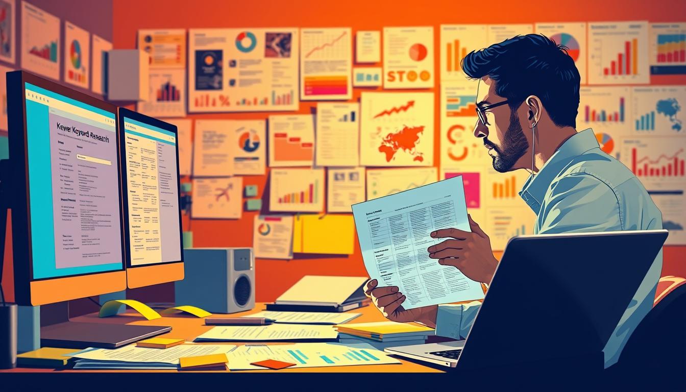 A vibrant and dynamic illustration of keyword research, showcasing a workspace filled with various digital tools and data visualizations. In the foreground, a professional researcher intently analyzes a comprehensive keyword report, their face illuminated by the glow of a high-resolution monitor. The middle ground features a desktop cluttered with sticky notes, spreadsheets, and a sleek laptop, suggesting a deep dive into keyword-related insights. In the background, a colorful array of infographics, charts, and data visualizations paint a picture of the complexity and importance of effective keyword research. Warm, directional lighting and a depth of field create a sense of focus and purpose, underscoring the critical role of keyword research in driving digital success.