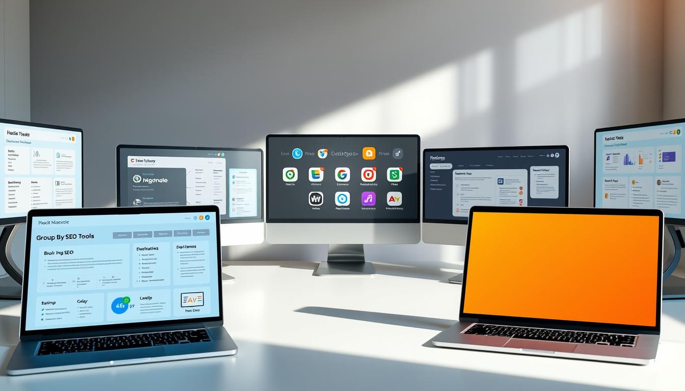 A vibrant and visually engaging comparison of popular group buy SEO tools, showcased in a sleek and modern desktop setup. In the foreground, an array of laptop screens display detailed feature comparisons, ratings, and pricing information. The middle ground features various tool logos and icons, artfully arranged to create a harmonious and professional layout. The background depicts a minimalist workspace, with clean lines and muted tones that provide a sophisticated and focused atmosphere. Soft, directional lighting from the side accentuates the depth and texture of the scene, creating a sense of depth and balance. The overall composition conveys a sense of authority and expertise in the field of group buy SEO tools.