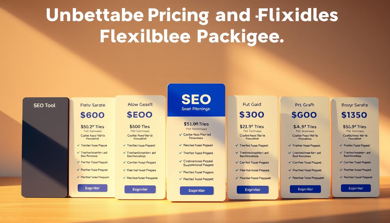 A vibrant, detailed image showcasing a variety of SEO tools with their pricing packages. In the foreground, a sleek, modern table displays various SEO tool options, each with its own pricing breakdown and flexible plan details. The middle ground features a sophisticated, minimalist design with subtle textures and gradients, creating a premium, high-end aesthetic. The background is a soft, ethereal gradient, enhancing the focus on the tools and their pricing information. Warm, directional lighting casts subtle shadows, adding depth and dimension to the scene. The overall mood is one of professionalism, value, and clarity, perfectly reflecting the "Unbeatable Pricing and Flexible Packages" section of the article.