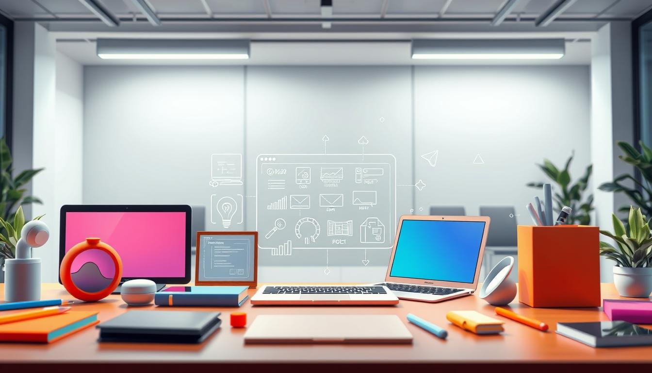 A vibrant digital marketing landscape with a variety of cost-effective tools displayed in the foreground. In the middle ground, a stylized wireframe illustration showcases the key features and capabilities of these tools. The background depicts a modern, minimalist office setting with clean lines and muted tones, creating a professional and streamlined atmosphere. The lighting is soft and diffused, highlighting the tools' sleek designs. The camera angle is slightly elevated, providing a comprehensive view of the scene. The overall impression conveys efficiency, innovation, and the transformative power of these digital marketing tools. cost-effective digital marketing tools