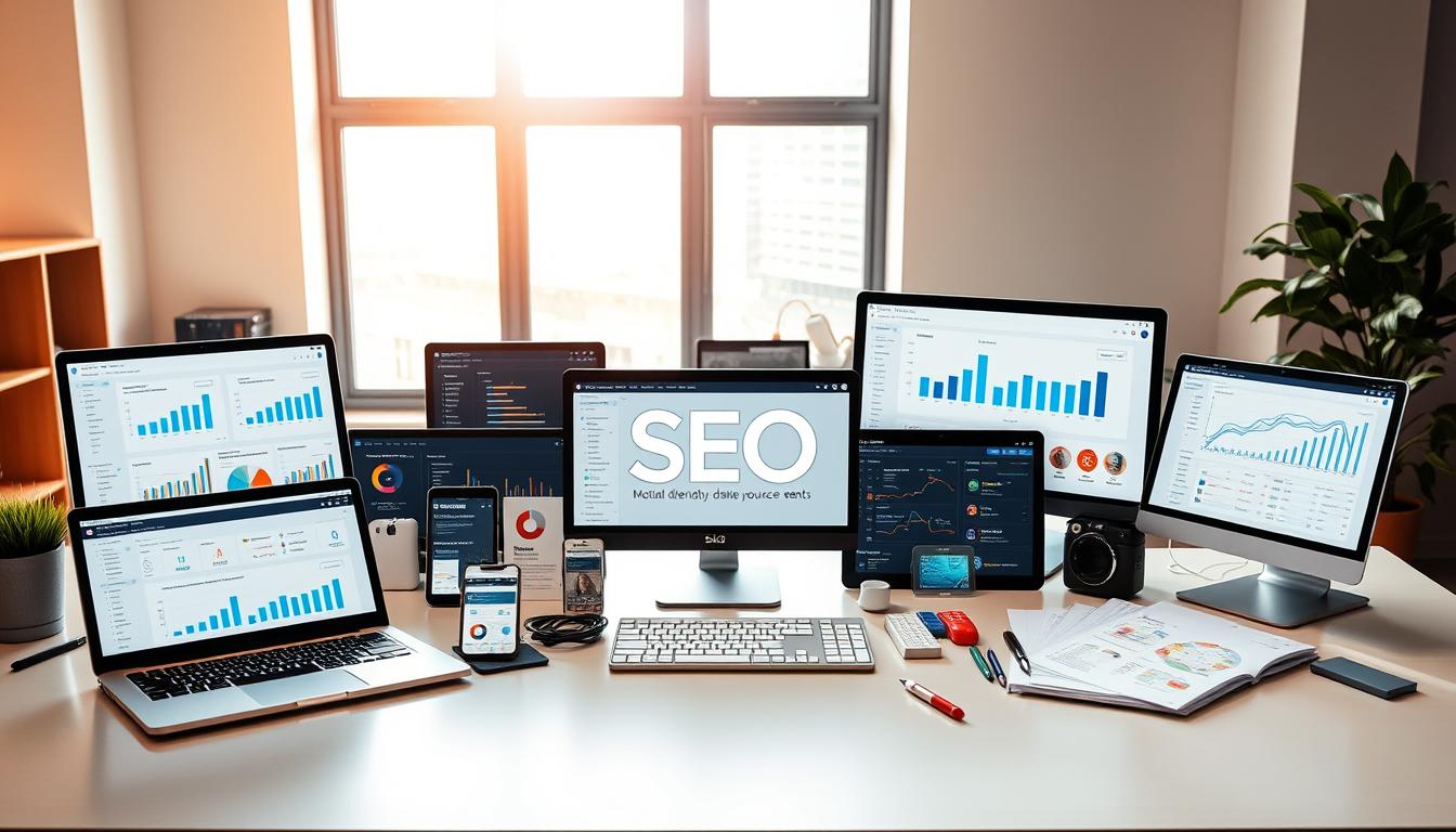 A vibrant, high-resolution image of various search engine optimization (SEO) tools laid out in a stylish, organized manner on a sleek, modern desk. The foreground features an array of digital devices such as a laptop, smartphone, and tablet, each displaying analytical data and reports relevant to SEO. The middle ground showcases a selection of software applications, plugins, and online platforms essential for managing SEO campaigns. The background is filled with a subtle, minimalist office setting, including a large window that allows natural light to pour in, creating a warm, productive atmosphere. The overall composition conveys a sense of professionalism, efficiency, and the comprehensive nature of the SEO tools being highlighted.