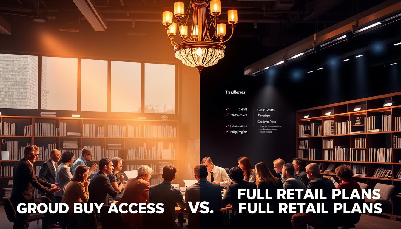 A vibrant scene depicting the comparison of "Group Buy Access" and "Full Retail Plans". In the foreground, a group of people gathered around a large table, engaged in animated discussion, illuminated by the warm glow of a central chandelier. Behind them, shelves brimming with books and documents suggest a professional setting. In the background, a contrasting display showcases the differences between the two options, highlighted by dramatic lighting and sleek, modern design elements. The overall mood is one of collaboration, analysis, and thoughtful decision-making.