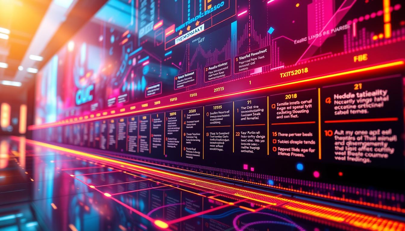 A vibrant timeline depicting the key events and milestones of Cyber Monday, the annual online shopping extravaganza. A sleek, futuristic interface showcases a chronological flow of deals, discounts, and consumer trends against a backdrop of dynamic digital patterns and geometric shapes. Warm lighting casts a glow over the scene, creating a sense of anticipation and excitement. The composition balances the informative timeline elements with a captivating, high-tech aesthetic, reflecting the fusion of technology and commerce that defines the Cyber Monday shopping experience. Cyber monday timeline