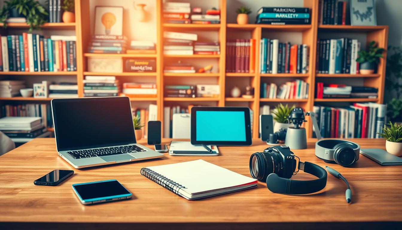 A vibrant workspace filled with a variety of productivity tools for modern marketers. In the foreground, a sleek laptop, stylish notebook, and a high-quality camera sit upon a minimalist wooden desk, bathed in warm, natural lighting. In the middle ground, an array of digital devices including a tablet, smartphone, and noise-cancelling headphones are neatly arranged, symbolizing the diverse technological arsenal of today's marketing professionals. The background showcases bookshelves stocked with marketing strategy guides, analytics resources, and creative inspiration, hinting at the depth of knowledge and continuous learning required in this dynamic field. The overall scene conveys a sense of organization, productivity, and a passion for marketing excellence. Prompt