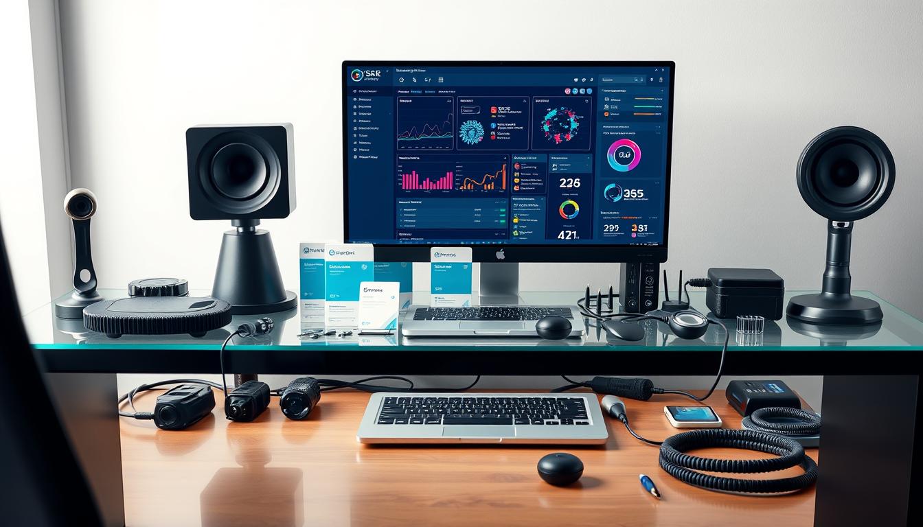 A vibrant workspace with an array of modern SEO and AI tools neatly arranged on a sleek, glass-topped desk. Soft, directional lighting illuminates the tools, highlighting their precision engineering and high-tech features. In the foreground, a state-of-the-art laptop stands ready, its screen displaying intricate analytics dashboards. In the middle ground, a collection of branded software packages, cables, and accessories conveys the comprehensive nature of the toolset. The background features a minimalist, white-walled office setting, creating a clean, professional atmosphere. The overall scene exudes a sense of efficiency, innovation, and the seamless integration of digital workflows. Tools