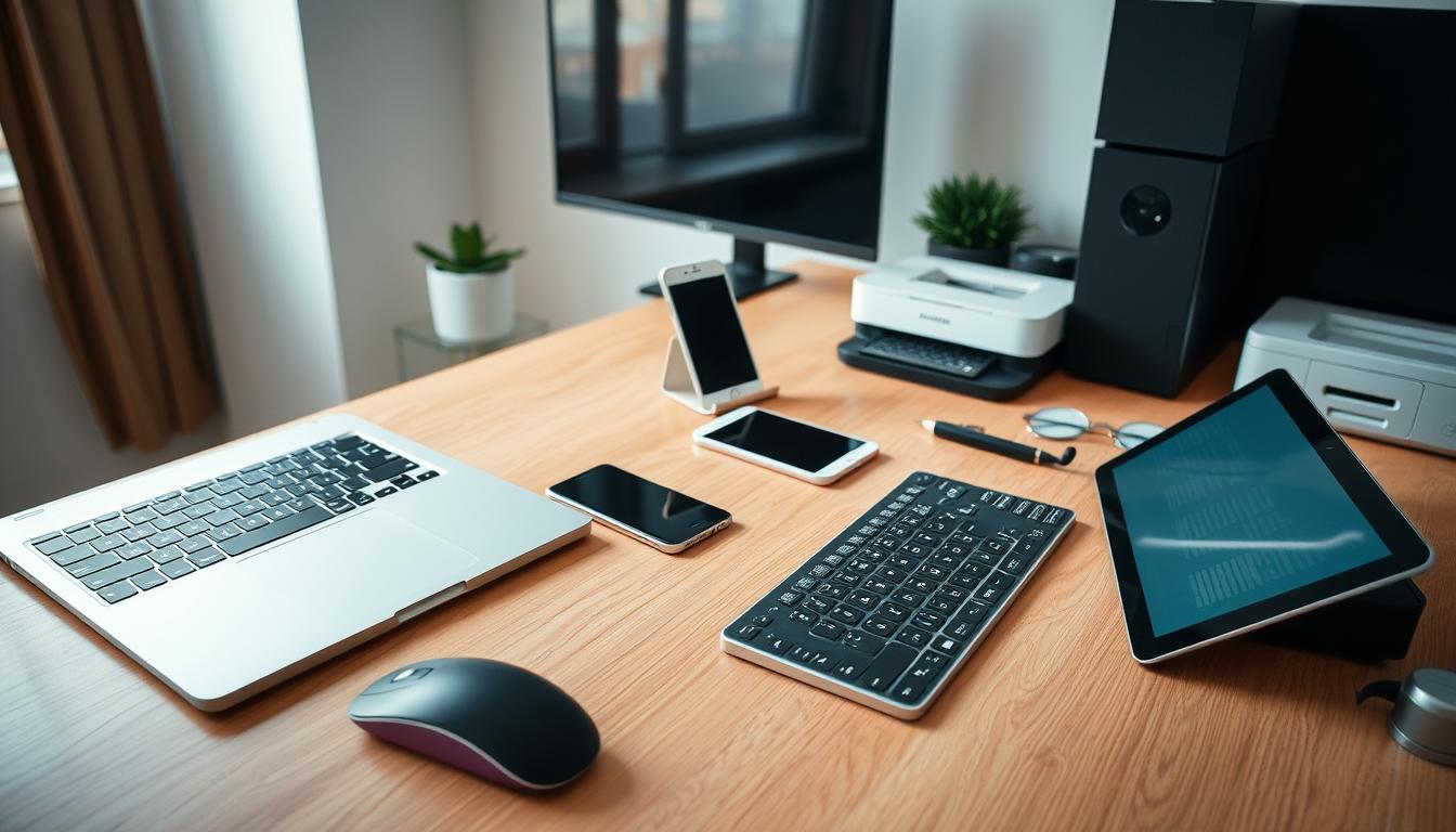 A well-lit and neatly arranged workspace showcasing an array of cost-effective digital tools. In the foreground, a modern laptop, a sleek mouse, and a compact keyboard sit atop a minimalist wooden desk. In the middle ground, a smartphone and a tablet are strategically placed, demonstrating the versatility of these affordable devices. The background features a wall-mounted monitor and a compact printer, all seamlessly integrated to create a cohesive and efficient digital ecosystem. The overall scene conveys a sense of productivity, organization, and accessibility, highlighting the advantages of leveraging cost-effective digital tools for SEO and content marketing tasks.