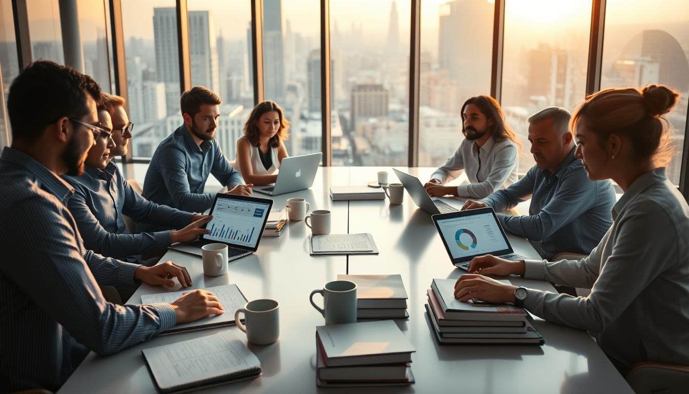 A well-lit, cinematic scene showcasing a diverse group of professionals gathered around a large, sleek conference table, deep in discussion about SEO tools and strategies. In the foreground, several laptops and tablets display analytics dashboards and keyword research tools. The middle ground features stacks of reference materials and coffee mugs, creating a productive, collaborative atmosphere. The background depicts a modern office space with floor-to-ceiling windows, providing a panoramic view of a bustling city skyline. The lighting is warm and inviting, casting a glow on the participants' faces as they work together to optimize their online presence and drive better results.