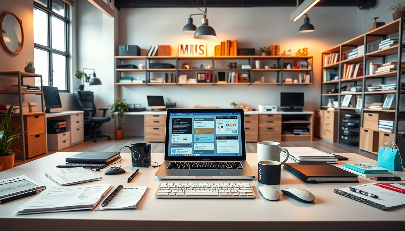 A well-lit, expansive workspace with an assortment of SEO and content tools displayed across the foreground. In the center, a sleek laptop showcases various software interfaces, while surrounding it are diverse items such as a keyboard, mouse, notebook, and coffee mug. The middle ground features a stylish desk, ergonomic chair, and strategic lighting that casts a warm, productive ambiance. In the background, shelves hold additional tools, books, and organizational elements, creating a visually appealing and functional work environment. Alt-text: SEO and content tools
