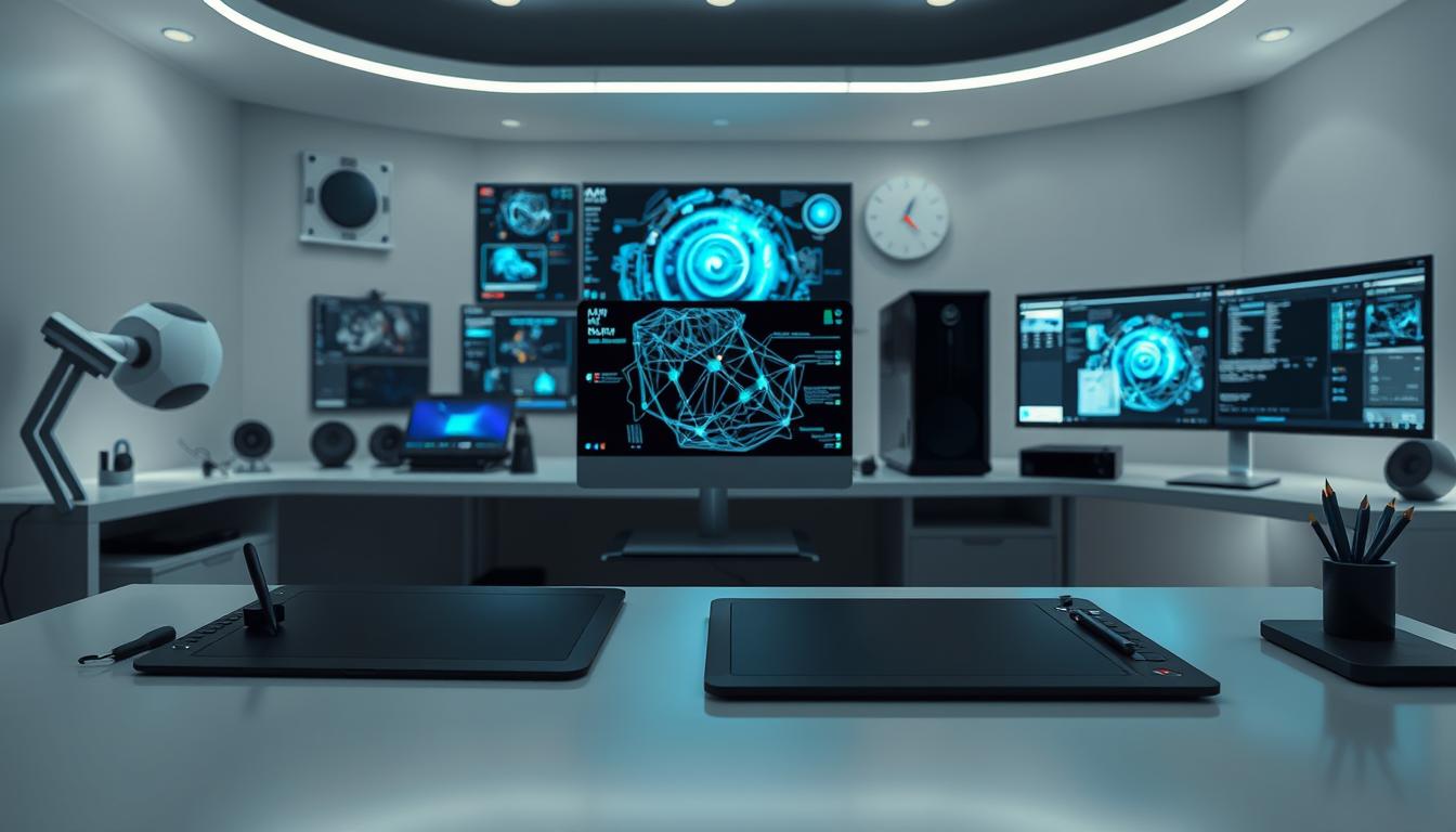 A well-lit, futuristic workspace with an array of cutting-edge AI art generation tools on a sleek, minimalist desk. In the foreground, a high-end graphics tablet and stylus await the artist's touch. The middle ground features a state-of-the-art desktop computer, its display showcasing intricate, generative artwork. In the background, a large, curved monitor displays an array of software interfaces, each offering a unique approach to AI-powered image creation. The overall scene conveys a sense of technological innovation and creative potential, reflecting the "AI Art & Image Generation: Revolutionizing Visual Content" theme.