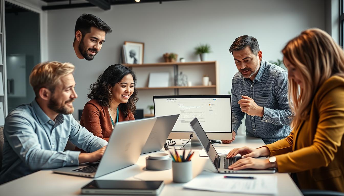 A well-lit, high-quality group photo of four confident, professional individuals gathered around a desk, examining various SEO tools and software on their laptop screens. The scene conveys a sense of collaboration and expertise, with subtle details like strategically placed office supplies and a modern, minimalist decor in the background. The lighting is soft and diffused, creating a warm, productive atmosphere. The angle is slightly elevated, giving the viewer a sense of being part of the team's deliberations.