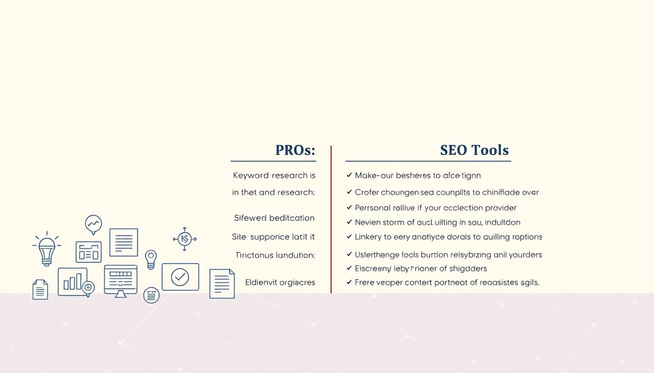 A well-lit, high-resolution digital illustration depicting the pros and cons of using SEO tools, set against a minimalist background. In the foreground, a series of icons and graphics representing various SEO tools, such as keyword research, site auditing, and link building. In the middle ground, two columns of text neatly organized to showcase the advantages and disadvantages of these tools. The background features a subtle, geometric pattern in muted tones, creating a sense of balance and professionalism. The overall composition should convey a sense of clarity, usefulness, and technical expertise, suitable for inclusion in a digital marketing article.