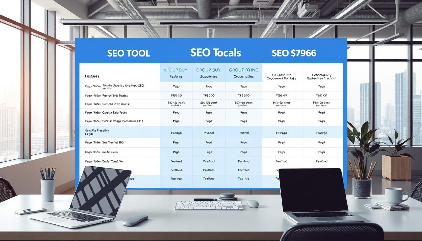 A well-lit, high-resolution image of a modern office workspace showcasing a prominent SEO tool pricing comparison table. The table features detailed pricing information for various popular SEO group buy tools, presented in a clean and organized manner. The foreground includes sleek laptops, stylish office supplies, and a minimalist desk setup, creating a professional and productive atmosphere. The middle ground features the pricing table, with clear delineation of features, subscription plans, and discounted group buy options. The background subtly depicts a cityscape through large windows, emphasizing the urban, tech-savvy setting. The overall mood is one of informed decision-making, efficiency, and the value proposition of leveraging group buy opportunities for essential SEO tools.