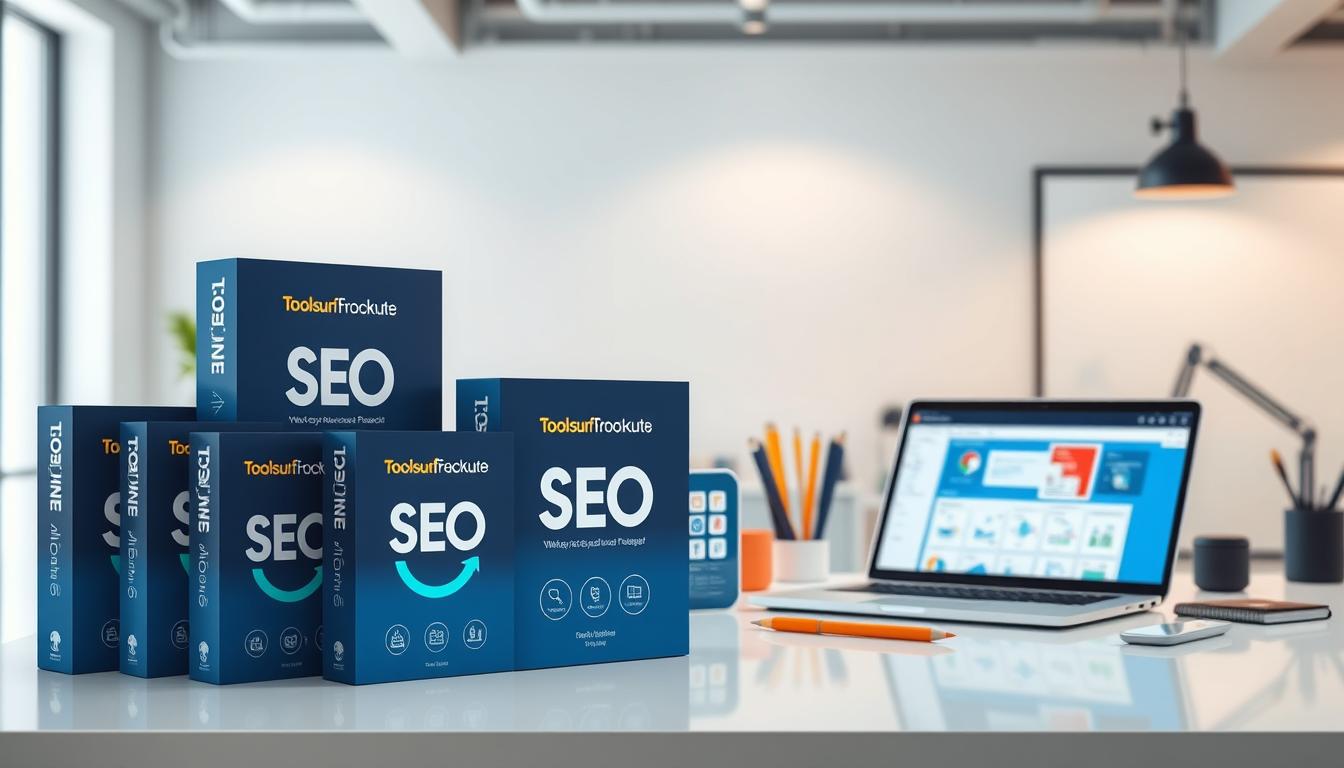A well-lit, high-resolution image showcasing an array of SEO tools packages from Toolsurf. In the foreground, neatly arranged software boxes and digital product icons representing a comprehensive suite of SEO optimization, keyword research, and website analysis tools. The middle ground features a clean, minimalist workspace with a laptop displaying the Toolsurf platform, surrounded by stationery and office accessories. The background subtly blurs into a modern, professional office setting with neutral tones and clean lines, conveying a sense of efficiency and productivity. The overall composition exudes a sleek, tech-savvy aesthetic that highlights the advanced features and versatility of Toolsurf's SEO tools packages.