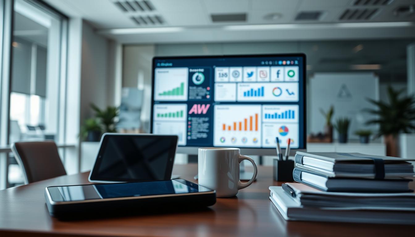A well-lit modern office workspace, showcasing a comprehensive set of digital marketing tools. In the foreground, a sleek, high-resolution computer monitor displays a dashboard with various analytics, SEO, and social media management apps. On the desk, a tablet and smartphone are positioned, offering additional functionality. The middle ground features a strategically placed mug of coffee, a pen holder, and a neatly organized stack of files. The background subtly blurs, highlighting the focus on the digital tools. The overall atmosphere is one of efficiency, productivity, and a professional approach to comprehensive digital marketing. Comprehensive marketing tools