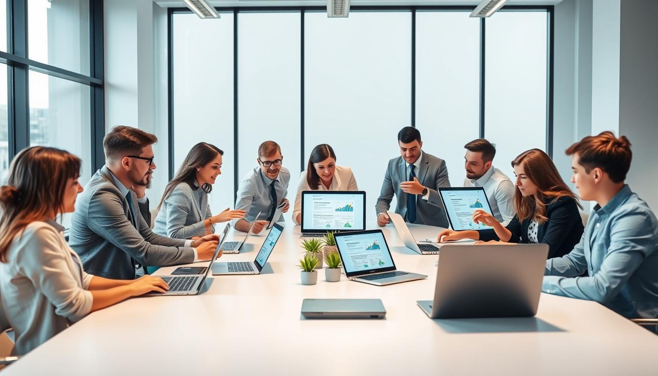 A well-lit office scene with a group of professionals gathered around a large, sleek conference table, examining various SEO software tools displayed on their laptops and tablets. The room is modern and minimalist, with large windows that let in abundant natural light. The team members are engaged in lively discussion, gesturing animatedly as they explain the benefits and features of the group-bought SEO tools. The mood is one of collaboration and excitement, as they explore how these cost-effective solutions can streamline their digital marketing efforts. A sense of professionalism and expertise pervades the scene.