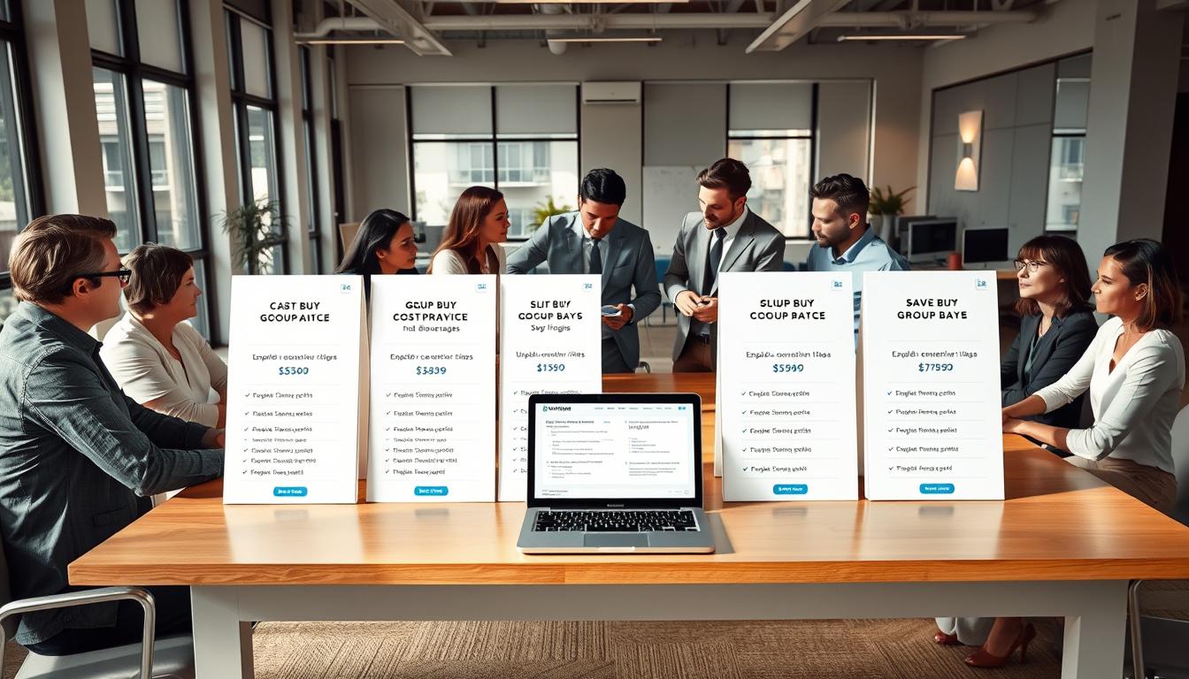 A well-lit office scene, with a large table showcasing various pricing plans for a group buy. The table is adorned with clean, minimal designs featuring different pricing tiers, benefits, and savings percentages. In the foreground, a group of professionals are gathered, examining the plans intently, discussing the cost-saving advantages. The middle ground features a laptop displaying comparative analysis, while the background showcases a modern, minimalist workspace with large windows, allowing natural light to fill the room. The overall mood is one of professionalism, efficiency, and the excitement of unlocking affordable SEO tools through group buying.