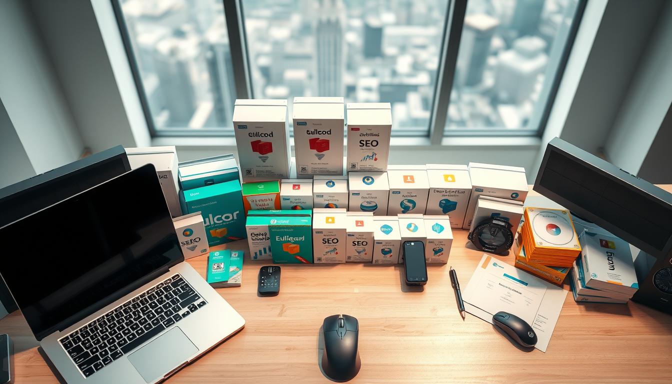 A well-lit, top-down view of a desk showcasing a collection of premium SEO tools. In the foreground, a sleek laptop and a high-end mouse take center stage, surrounded by an array of software boxes, digital subscriptions, and other essential SEO assets. The middle ground features a carefully curated selection of SEO analytics tools, keyword research platforms, and link-building software, all neatly organized. The background hints at a clean, minimalist office environment, with a blurred cityscape visible through a window, conveying a sense of professionalism and productivity. The overall scene exudes a modern, high-quality aesthetic, reflecting the value and utility of the group-bought SEO tools.