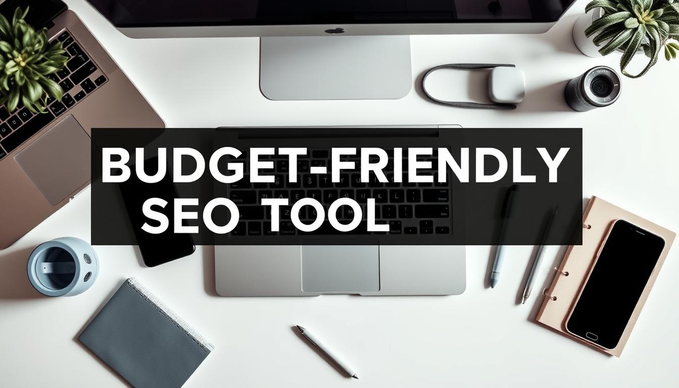 A well-lit, top-down view of a group of budget-friendly SEO tools arranged on a clean, minimalist desk. The tools include a laptop, a smartphone, a notebook, and various digital accessories in a cohesive color palette of muted grays, blues, and whites. The lighting creates soft shadows and highlights the tactile textures of the materials, conveying a sense of efficiency and professionalism. The overall composition emphasizes the affordability and utility of these essential SEO tools for a modern digital workspace.