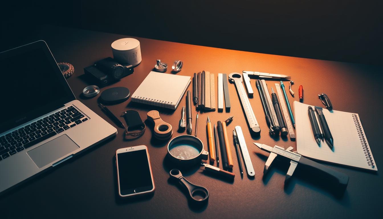 A well-organized and visually striking toolset laid out on a sleek, dark surface, bathed in warm, directional lighting that accentuates the textures and contours of the tools. The foreground features a diverse array of SEO-focused instruments, including a laptop, a smartphone, a notebook, and various digital and analog tools. The middle ground showcases a set of high-quality, professional-grade instruments, such as a magnifying glass, a ruler, and a caliper, while the background subtly suggests a minimalist workspace or office environment. The overall mood is one of efficiency, precision, and the mastery of digital marketing and SEO techniques.