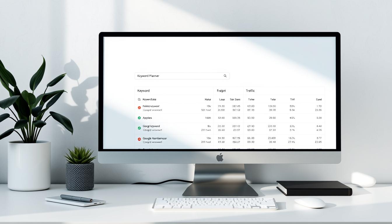 A workspace with a clean, minimalist design, featuring the Google Keyword Planner interface prominently displayed on a sleek desktop computer. The screen showcases a search bar, related keywords, and traffic data, providing a comprehensive view of the tool's functionality. Soft, natural lighting illuminates the scene, creating a calm and focused atmosphere. The overall composition emphasizes the efficiency and usefulness of the Keyword Planner as a valuable resource for a budget-conscious keyword research workflow.