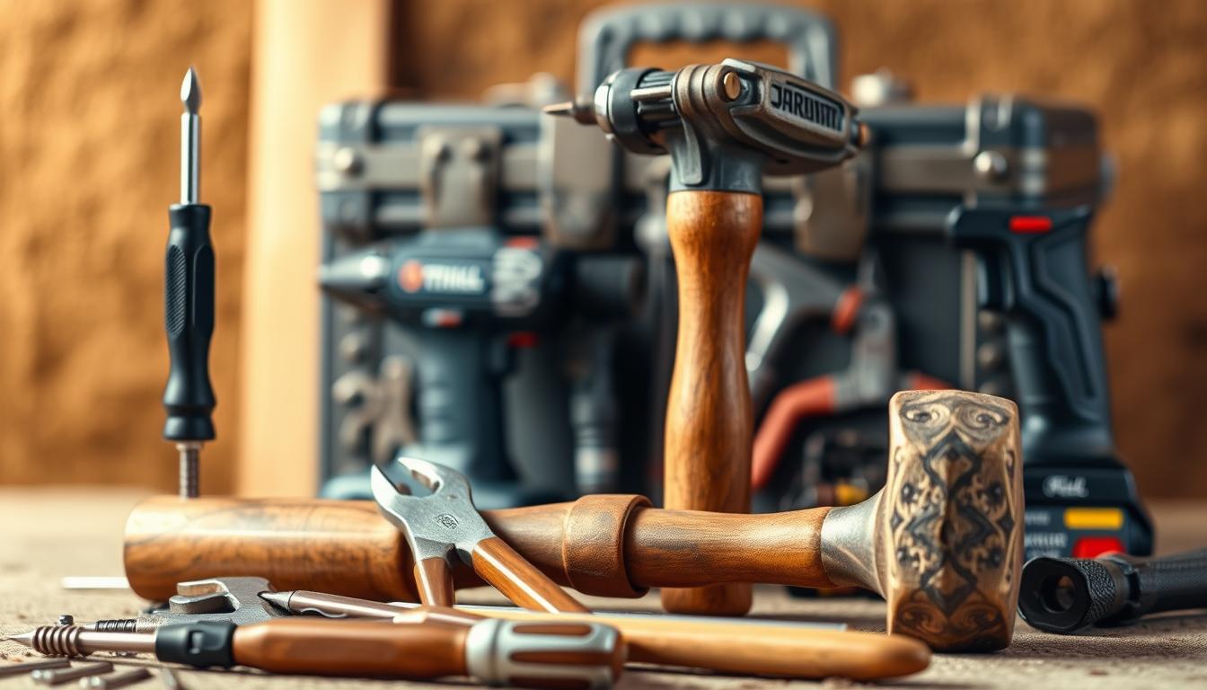 An expertly crafted collection of essential tools artfully arranged, set against a warm, natural backdrop. In the foreground, a precision screwdriver set, pliers, and a hammer with a rustic wooden handle catch the eye. In the middle ground, a power drill and a toolbox with intricate metal detailing stand ready for action. The background features a blurred, earthy texture, suggesting a workshop or workbench setting. Soft, diffused lighting creates a sense of depth and highlights the tools' textures and materials, from gleaming metal to weathered wood. This curated arrangement conveys a feeling of functionality, craftsmanship, and a dedication to getting the job done right. Bundled tools