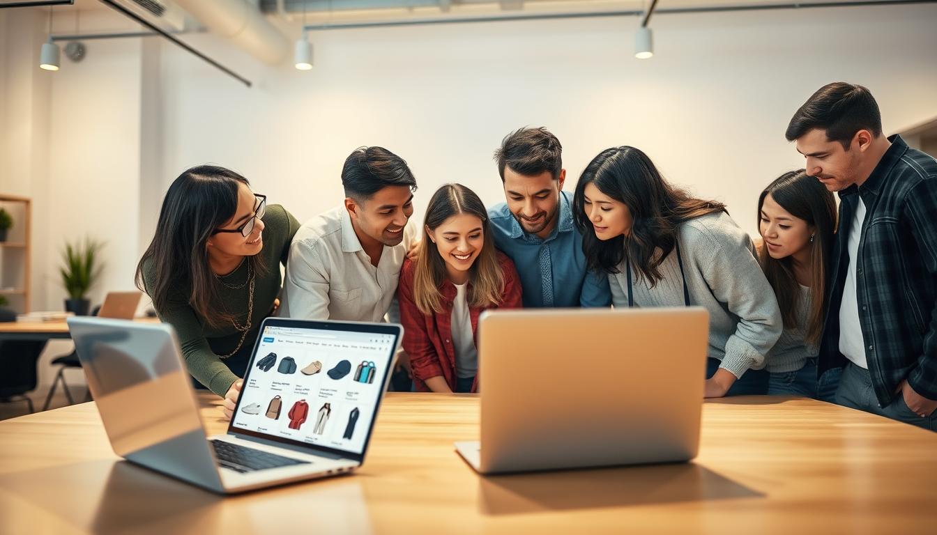 An indoor scene of a group of people gathered around a table, engaged in a collaborative shopping experience. The room is well-lit, with soft, warm lighting from overhead fixtures casting a cozy glow. The participants, dressed in a variety of casual and professional attire, are leaning in, studying product details and discussing their options. In the foreground, a laptop or tablet displays a group buying platform interface, showcasing a selection of items available for purchase. The middle ground features the group members, their expressions focused and animated, as they navigate the process. The background depicts a modern, minimalist office or co-working space, with clean lines and neutral tones that create a sense of professionalism and efficiency. an indoor scene of a group of people gathered around a table, engaged in a collaborative shopping experience, with a laptop or tablet displaying a group buying platform interface in the foreground, the participants focused and animated in the middle ground, and