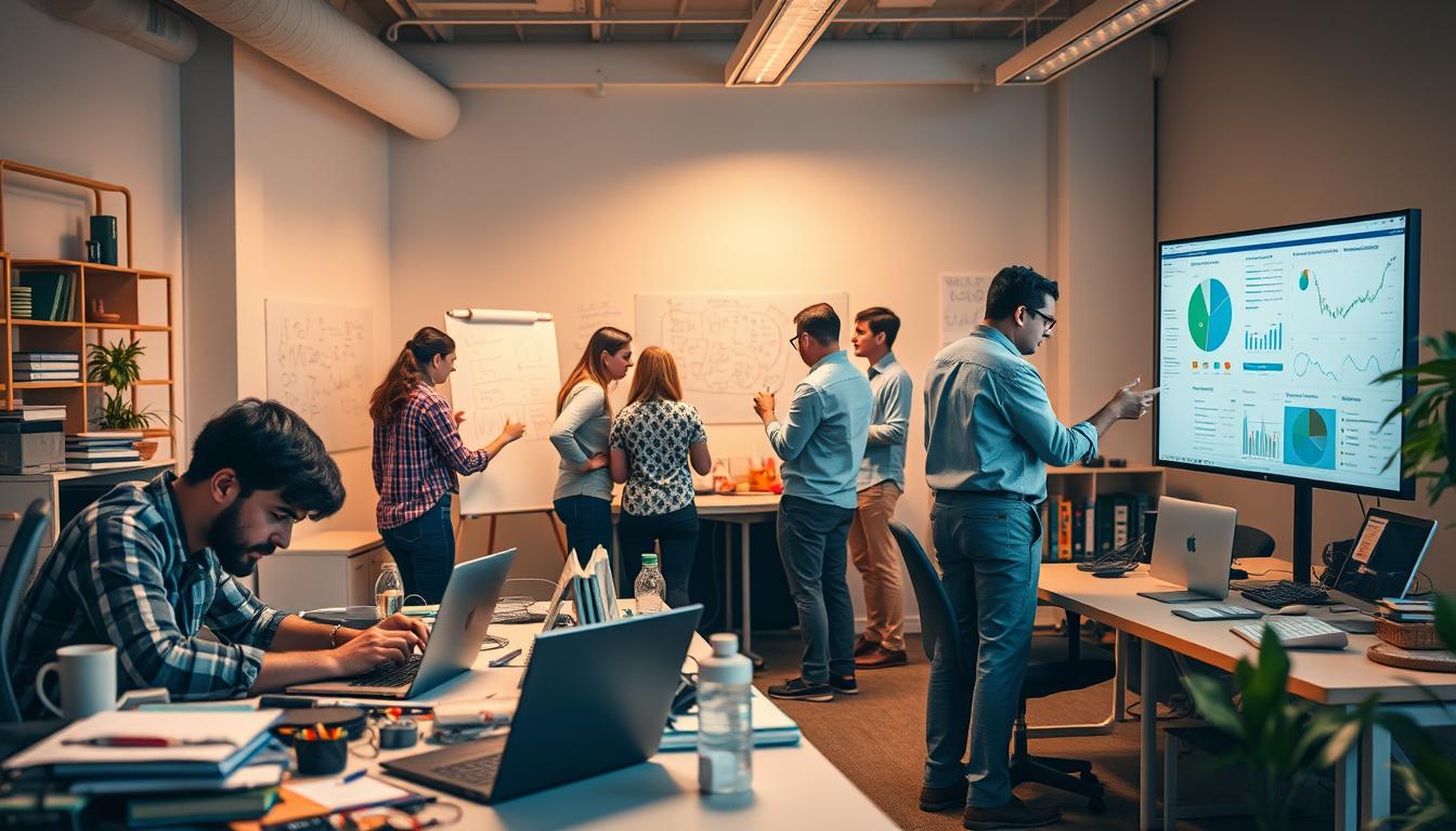 An office scene with freelancers, agencies, and enterprise teams collaborating on SEO tools. In the foreground, a freelance web designer meticulously works on a laptop, surrounded by a cluttered desk and office supplies. In the middle ground, an agency team huddles around a whiteboard, brainstorming digital marketing strategies. In the background, an enterprise software developer examines reports on a large monitor, while colleagues discuss complex SEO analytics. Soft, warm lighting fills the room, creating a productive, collaborative atmosphere. The scene conveys the diverse beneficiaries of comprehensive SEO tools, from individual freelancers to large corporations.