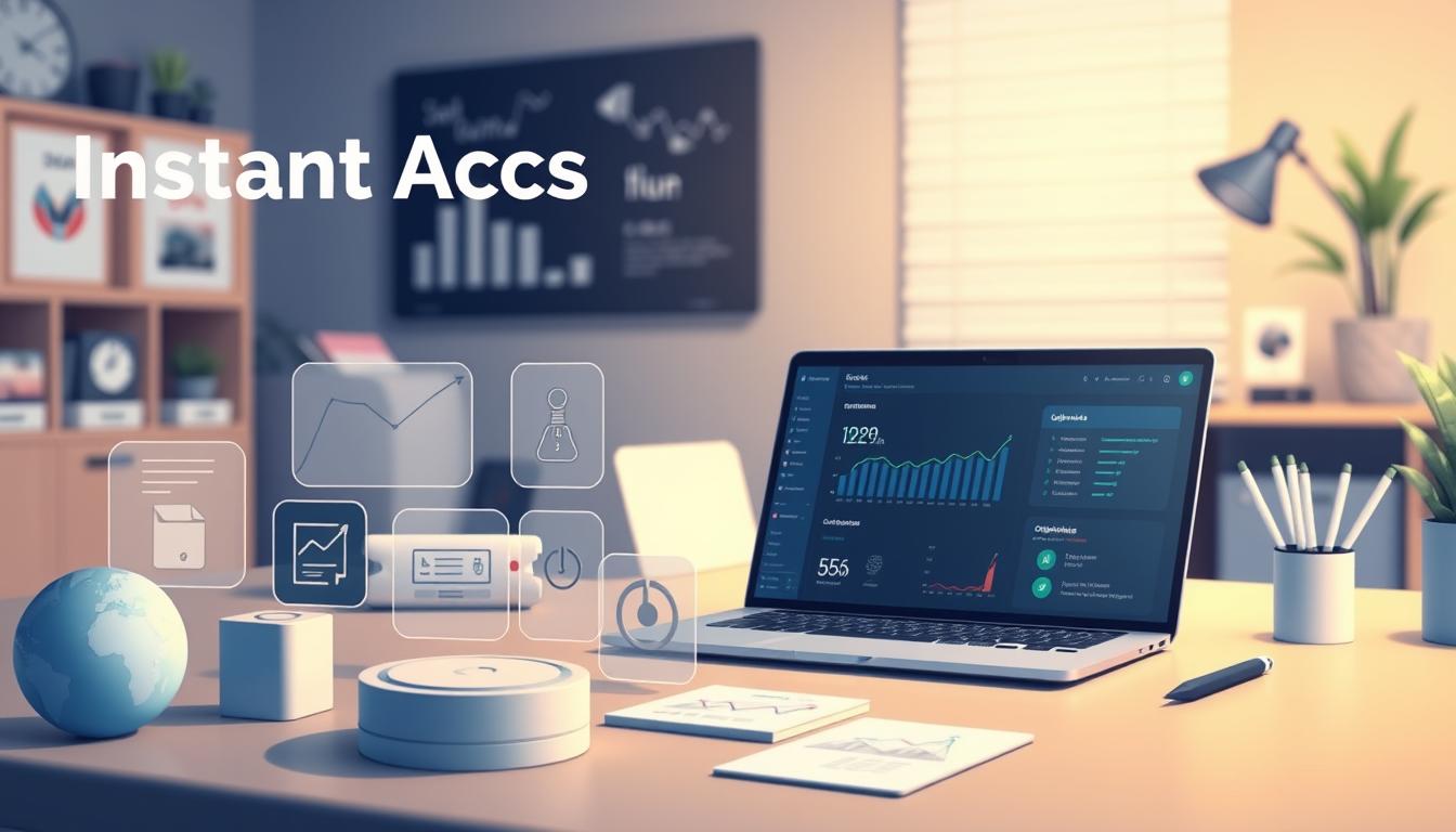 Detailed digital illustration of an assortment of instant access SEO tools, showcasing a sleek and modern user interface. Prominent in the foreground are various icons and buttons representing different SEO analysis, optimization, and reporting functionalities. In the middle ground, a laptop display highlights real-time performance metrics and optimization recommendations. The background features a minimalist workspace with a desk, office supplies, and subtle lighting, conveying a professional and productive atmosphere. The overall scene should evoke a sense of efficiency, productivity, and ease of access to powerful SEO tools.