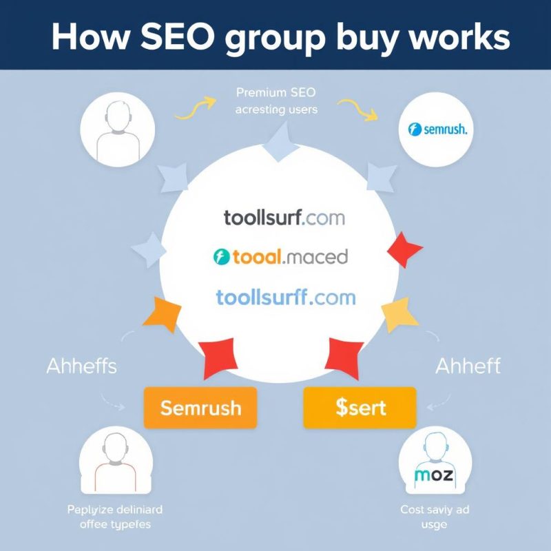Diagram showing how SEO group buy works with toolsurf.com as the central platform