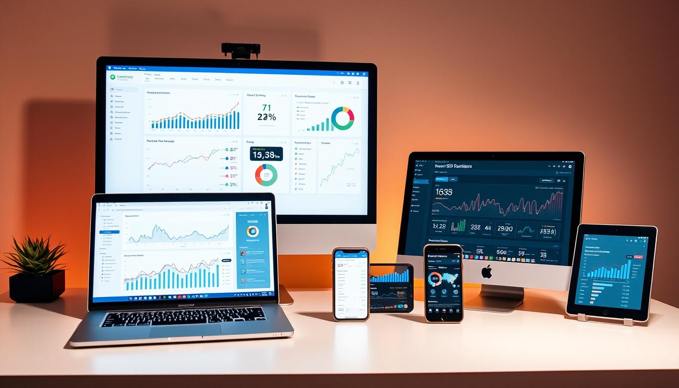 Elegant premium SEO tools displayed on a clean, minimalist desk. In the foreground, a laptop with a sleek, modern design showcases powerful analytics dashboards. Beside it, a high-quality desktop monitor displays intricate SEO data visualizations. In the middle ground, a smartphone and tablet are positioned, their screens illuminating the workspace with insightful metrics. The background features a simple, neutral-toned wall, allowing the tools to take center stage. Warm, directional lighting casts a subtle glow, highlighting the premium quality and functionality of these essential SEO resources.
