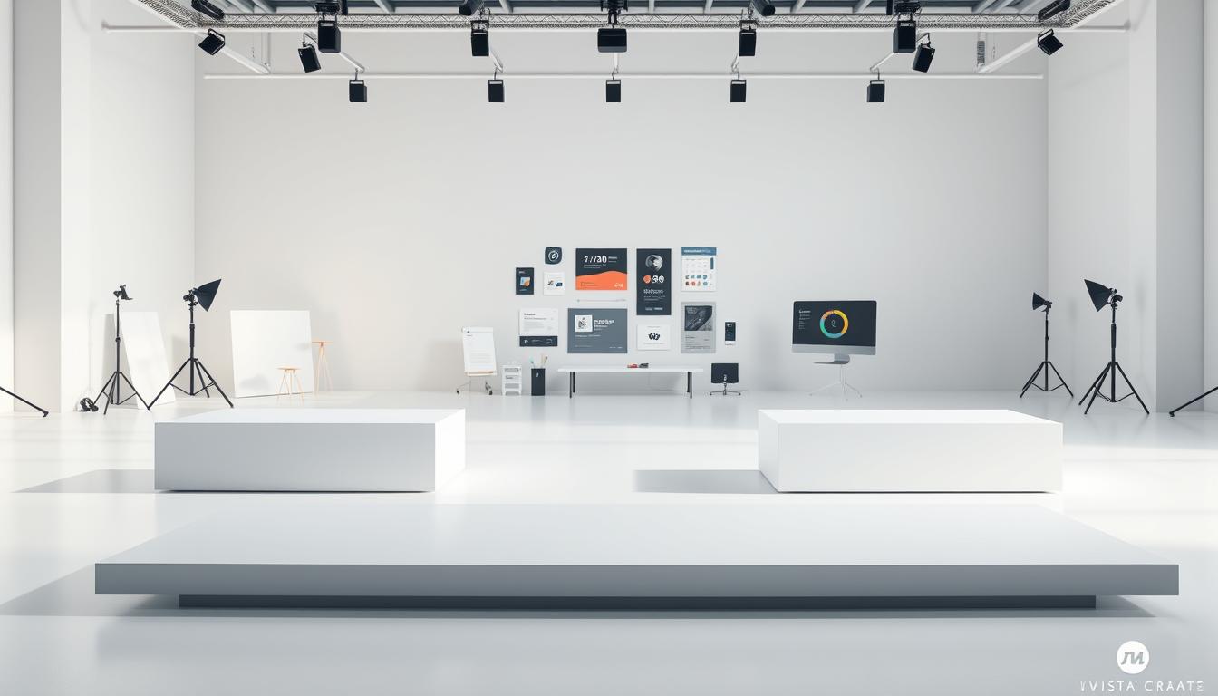 High-quality digital design platforms, showcased in a clean, modern aesthetic. An expansive, well-lit studio space with smooth, minimalist platforms in the foreground, reflecting the sleek, professional nature of the design software. Subtle shadows and carefully placed lighting create depth and dimension, highlighting the platforms' simple yet elegant design. The middle ground features various digital tools, icons, and UI elements, hinting at the platforms' powerful functionality. The background blends soft, neutral tones, creating a calm, focused atmosphere. The overall scene conveys the ease, versatility, and visual appeal of leading design platforms, like VistaCreate and Canva.