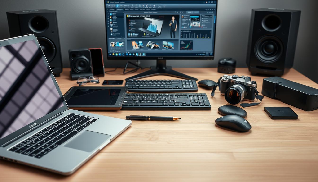 Included Tool Stack Beyond Indexification: A well-lit, highly detailed desk scene showcasing an array of premium digital tools and accessories. In the foreground, a sleek aluminum laptop, wireless mouse, and stylus pen lay neatly arranged. In the middle ground, a high-resolution graphics tablet, a compact keyboard, and a professional-grade camera sit side by side. The background features a high-quality monitor displaying a sophisticated software interface, flanked by a pair of high-fidelity speakers. The overall scene exudes a sense of productivity, innovation, and seamless integration, reflecting the advanced toolkit available to users beyond basic indexification.