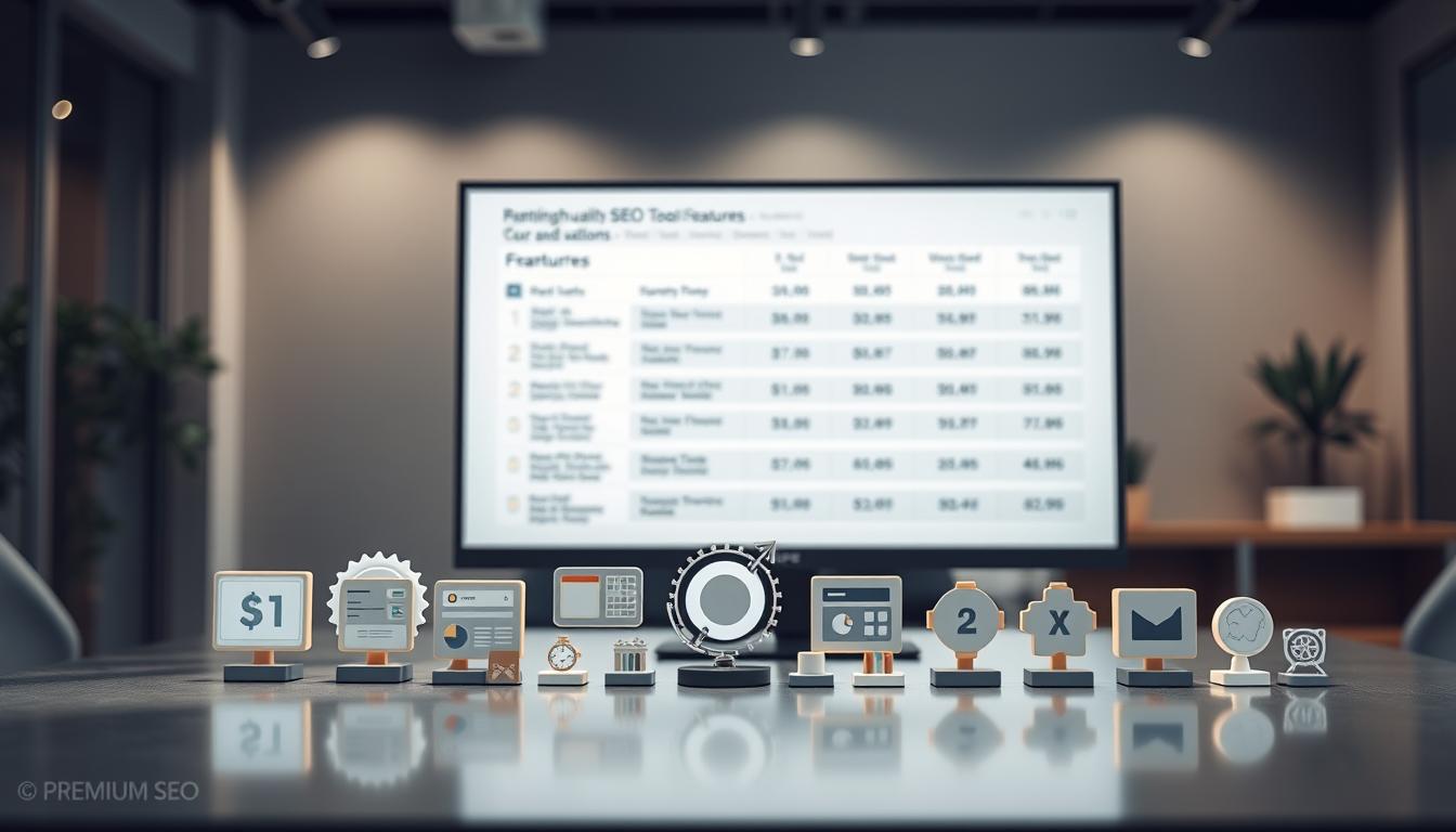 Premium SEO tools comparison showcasing a modern, minimalist workspace. In the foreground, a variety of high-quality SEO software icons arranged neatly on a sleek, metallic desk, each casting a soft, diffused glow. In the middle ground, a large, high-resolution monitor displays detailed comparisons and features of the tools, presented in a clean, data-driven layout. The background features a blurred, sophisticated office environment with muted tones, subtle lighting, and a sense of professionalism and efficiency. The overall scene conveys a premium, cost-effective access to top-tier SEO tools.