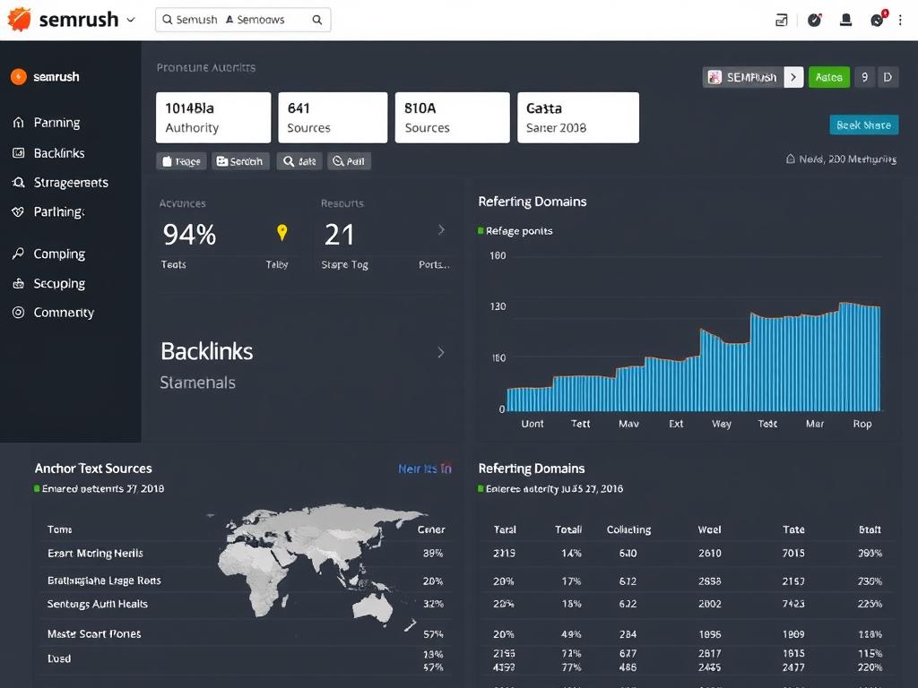 SEMrush backlink analysis tool showing domain authority and backlink sources