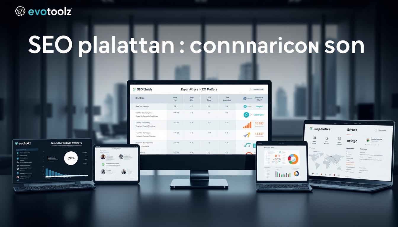 a detailed comparison of SEO platforms, showcasing Evotoolz' features and capabilities in a stylish, professional manner. A sleek, minimalist design with a dark, sophisticated color palette. The foreground displays various Evotoolz tools and metrics arranged neatly, with elegant icons and infographic elements. The middle ground features a central comparison chart contrasting Evotoolz' offerings against competitors. The background has a subtle, blurred cityscape or office setting, conveying a sense of authority and expertise. Soft, directional lighting creates depth and highlights the key details. The overall tone is one of technical proficiency, clarity, and trust in Evotoolz' SEO prowess. Alt-text: SEO platform comparison
