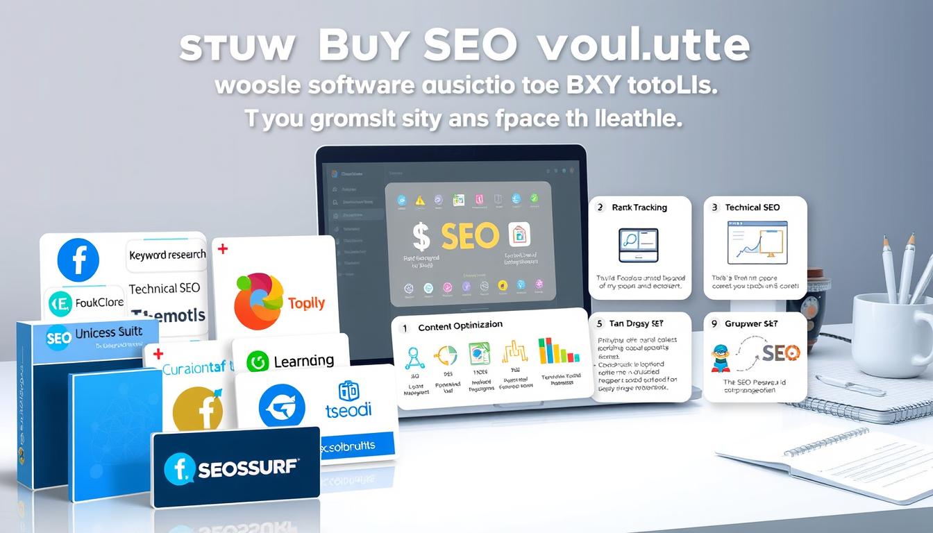 a detailed digital illustration of a collection of group buy SEO tools and their key features, showcasing the value proposition of Toolsurf compared to SEOtoolzbundle. Prominently displayed in the foreground are the logos and icons of various SEO software suites, including keyword research, rank tracking, technical SEO, and content optimization tools. The middle ground features detailed infographic-style visualizations that highlight the unique capabilities and benefits of each Toolsurf feature, rendered in a clean, modern design aesthetic. The background depicts a minimalist workspace environment with a laptop, coffee mug, and other office accessories, creating a professional, business-focused atmosphere. The overall scene conveys a sense of productivity, efficiency, and the power of Toolsurf's comprehensive SEO toolset.