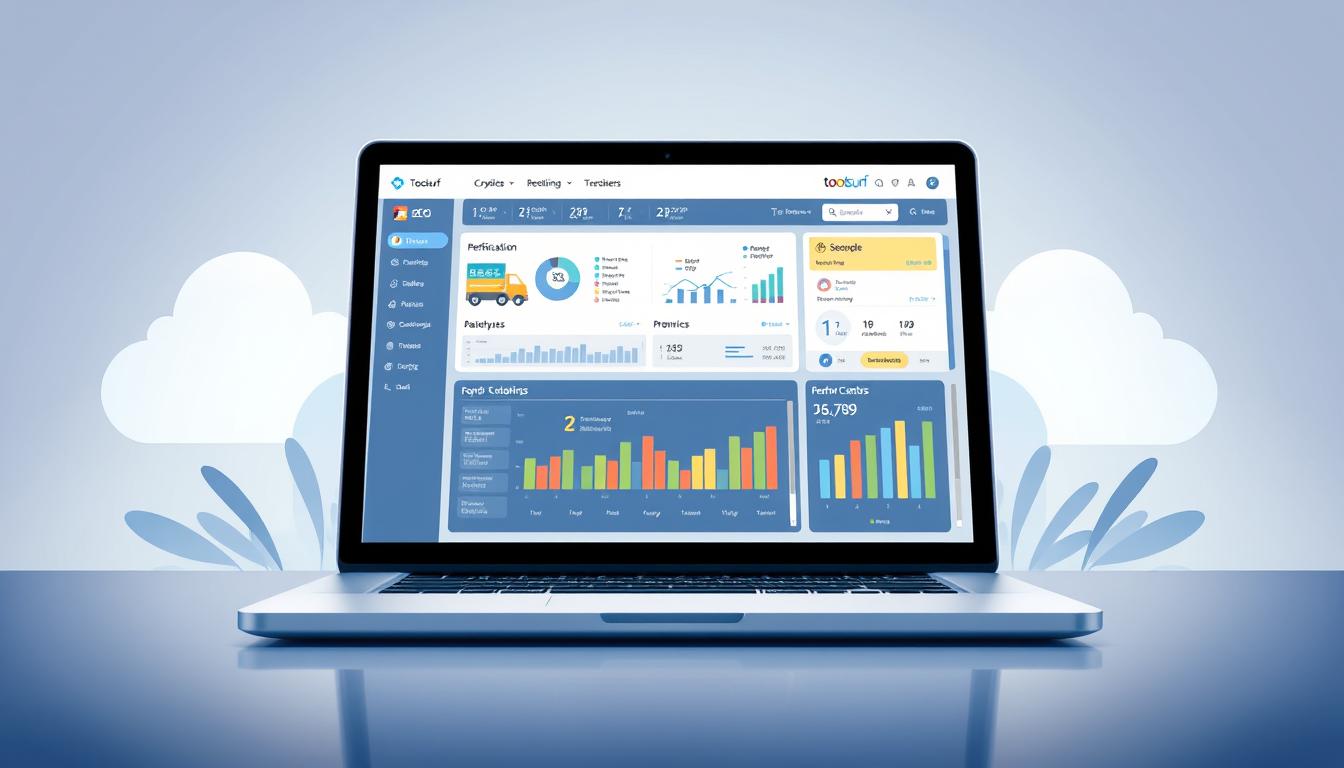a detailed digital illustration of cloud-based seo tools, showcasing a sleek and modern user interface with various analytics, optimization, and reporting features. the foreground depicts a laptop screen displaying the toolsurf dashboard, with colorful graphs, charts, and performance metrics. the middle ground features stylized cloud icons, representing the cloud-based nature of the tools. the background has a subtle gradient effect, evoking a sense of technological sophistication. the lighting is soft and diffused, creating a clean and professional atmosphere. the overall composition emphasizes the value proposition of toolsurf's comprehensive seo toolkit for modern digital marketing needs.
